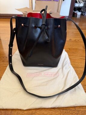 Mansur Gavriel Black Leather Drawstring Bucket Bag with Red Interior